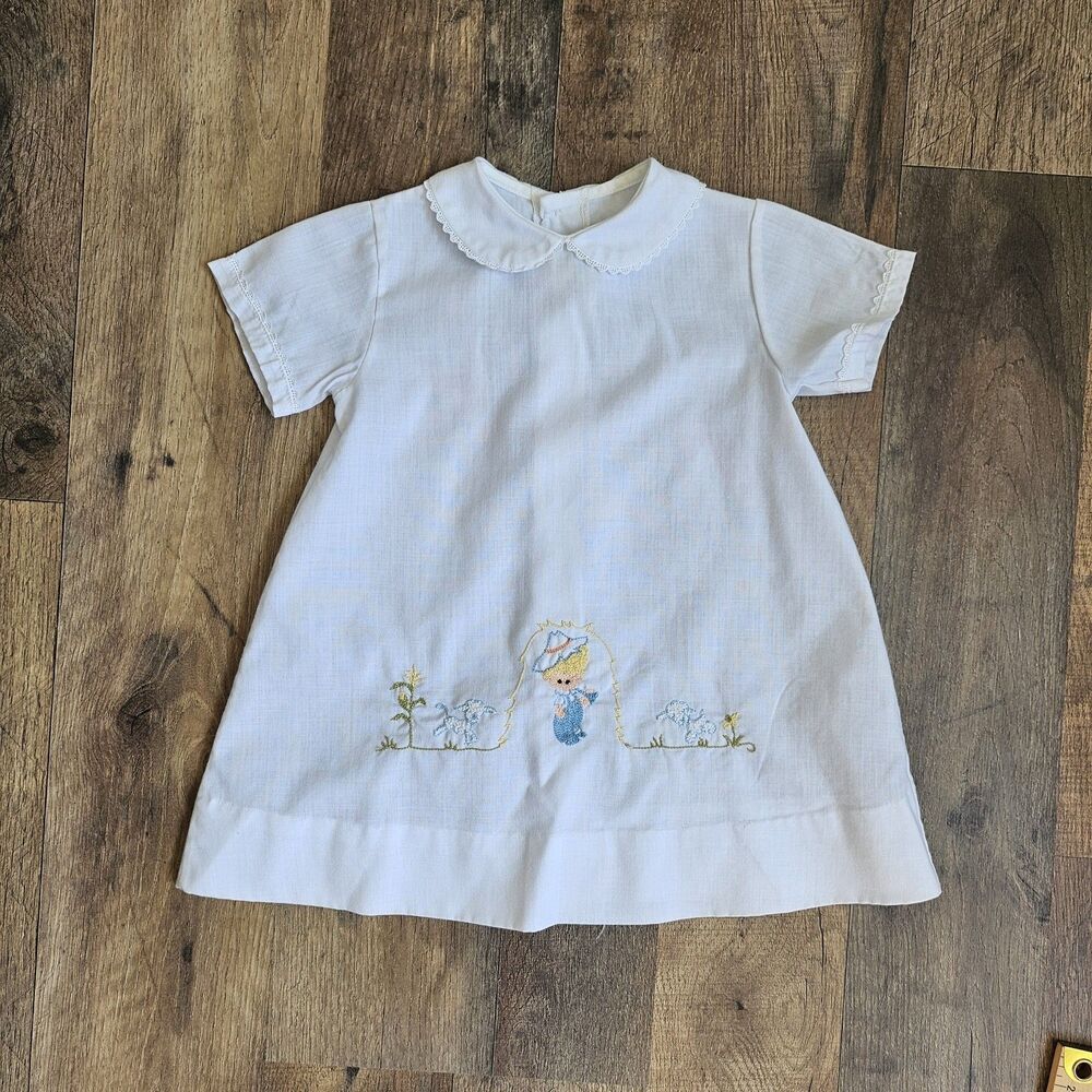 Vintage 60s 70s Embroidered baby dress with angel and bunny rabbit design